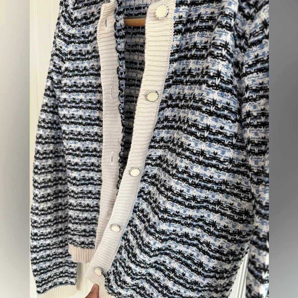 Truth By Republic Quiet Luxury Knit Cardigan XS Blue with Cream Trim - Picture 3 of 6